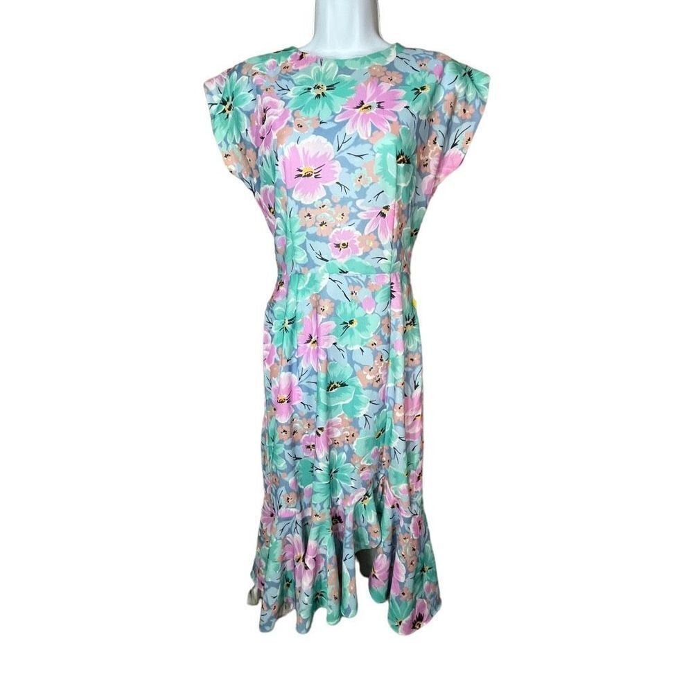 Vintage Avon Teal Pink Floral V Back Midi Dress With Mermaid Ruffle Bottom Hem‎